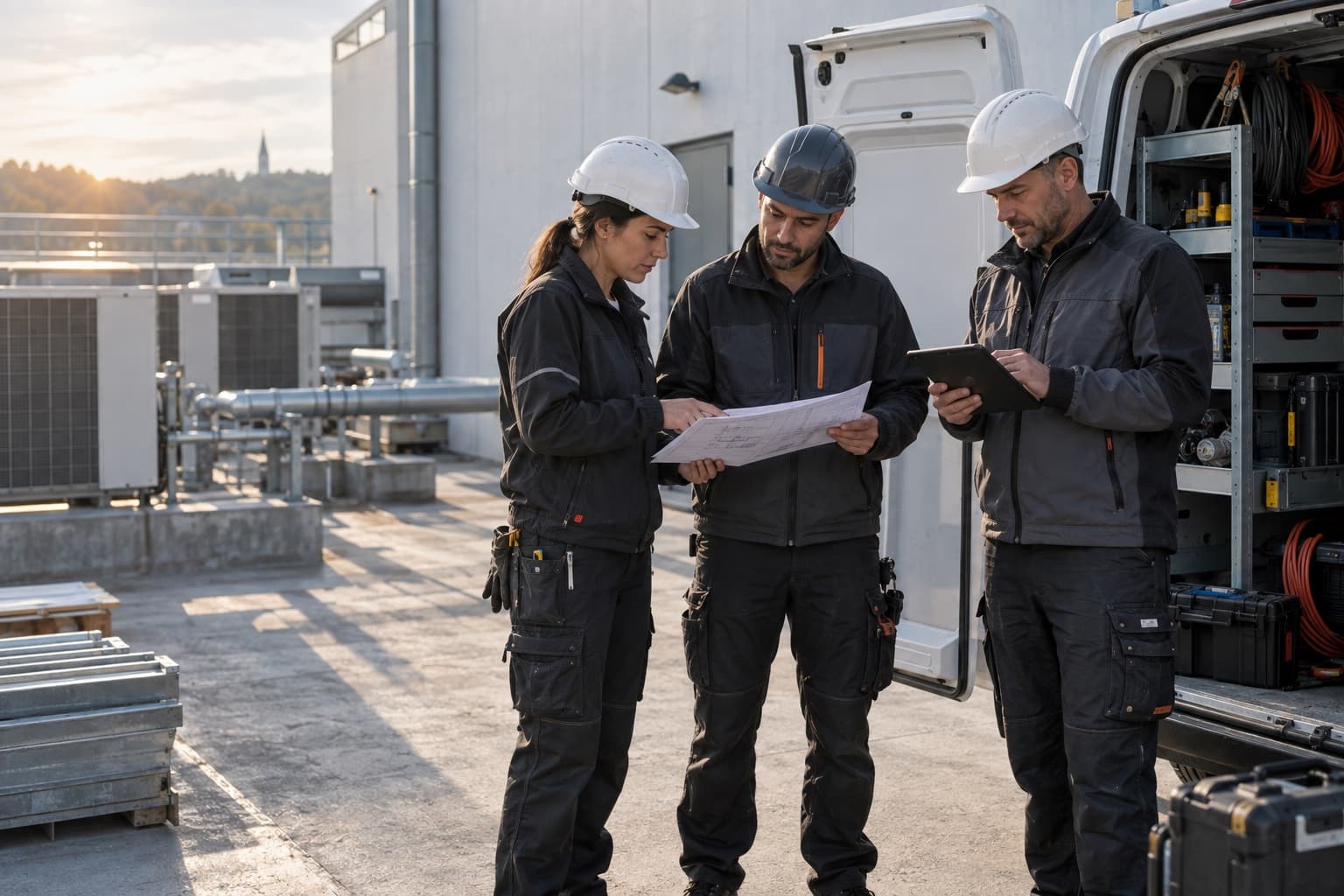 Service technicians reviewing plans and a tablet beside their van